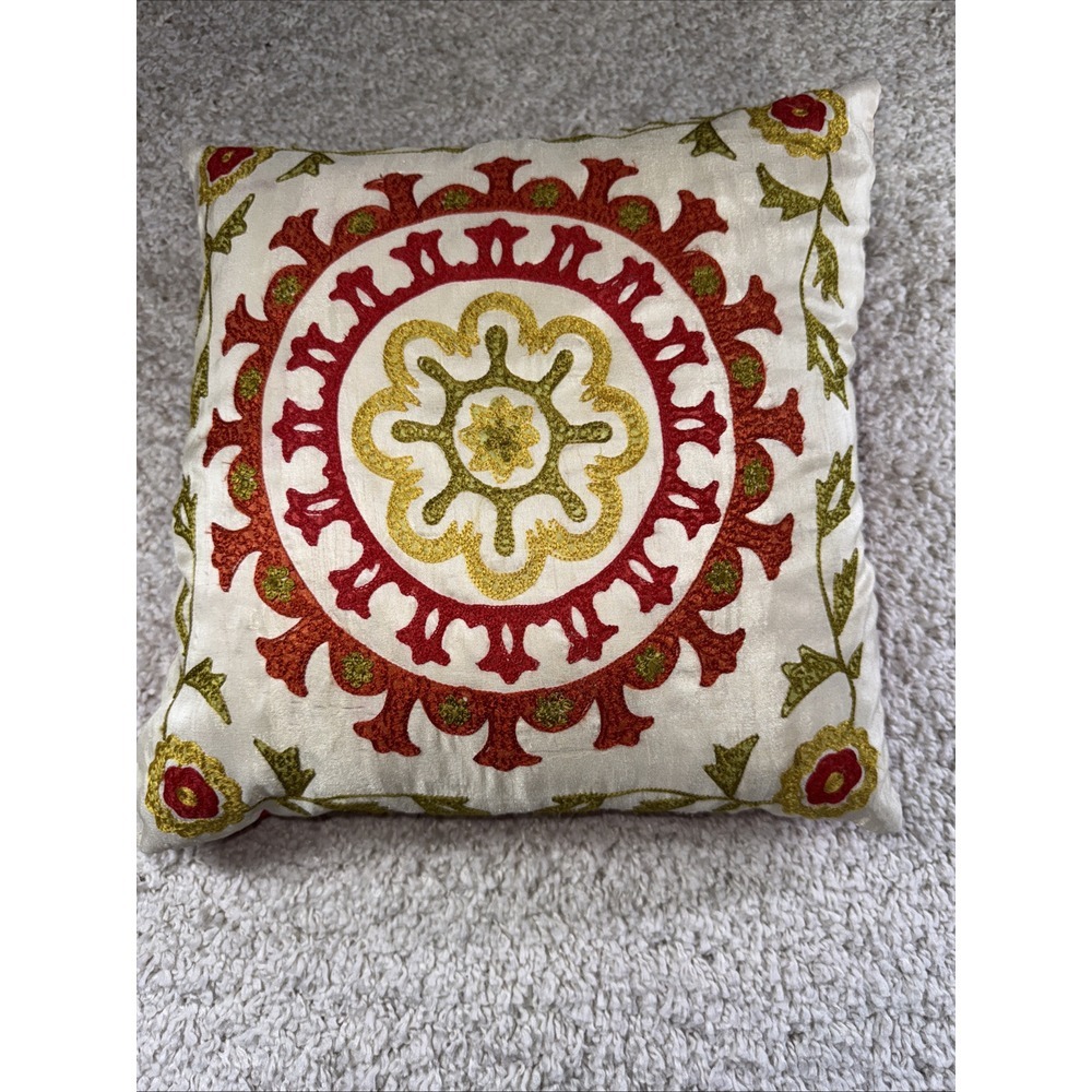 Pier Pillows Embroidered Mandala Red Gold Green 17" X 17"